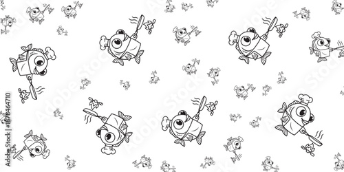 Whimsical cartoon fish illustration with abstract tiny fish scattered across a white background