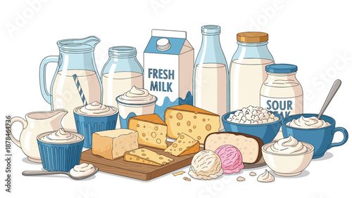 Large assortment of fresh dairy products including milk, cheese, yogurt, butter, and ice cream on a white background.