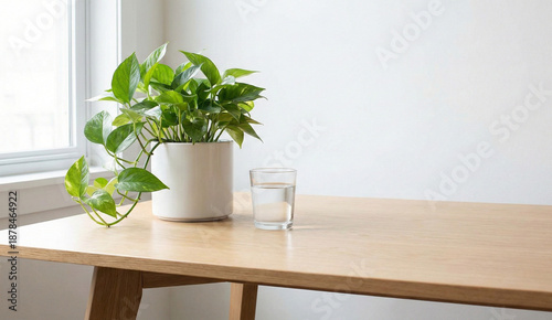 A potted Pothos plant and a glass of water on a table, with sunlight streaming in from a window against a white wall.