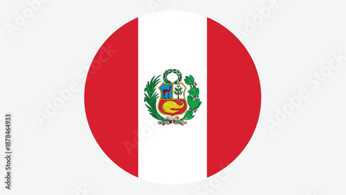 National flag of Peru featuring red and white vertical stripes with the coat of arms, presented in a circular icon format on a light background.
