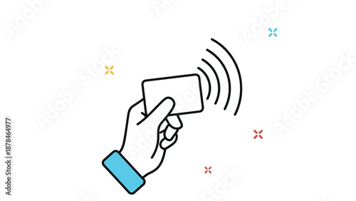 Simple line art icon with color accents showing a hand holding a credit card, illustrating the concept of contactless NFC payment.