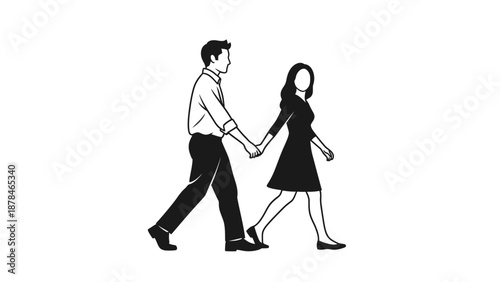 Silhouette of a Young Couple Walking Together Holding Hands.