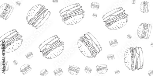 A whimsical pattern of delicious black and white burgers on a clean background