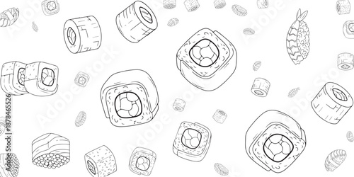A delightful sketch of delicious sushi rolls and shrimp tempura scattered across a white background