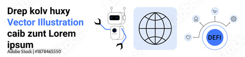 Futuristic technology, decentralized finance, blockchain, global network, AI innovation, financial systems. Robot figure, globe icon and Defi network graphic. Decentralized finance and blockchain