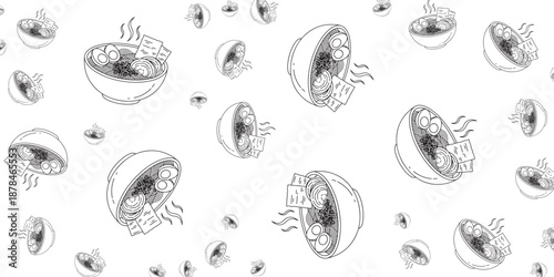 Whimsical Cat-Themed Food Illustration with Noodle Bowls and Bubbles