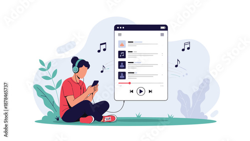 An illustration of a young person sitting outdoors and listening to music with headphones, browsing a playlist on their smartphone.