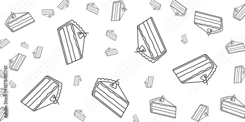 Abstract pattern of delicious cake slices with cream and cherries in a simple line drawing style