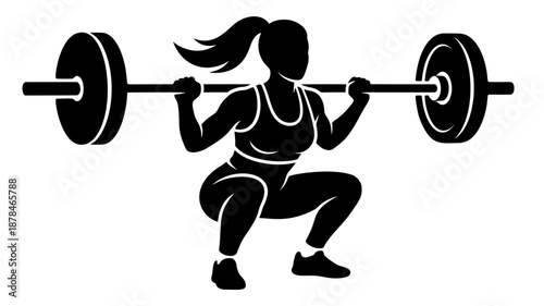 Female weightlifter silhouette performing a barbell squat with the weight placed across the shoulders during strength training.