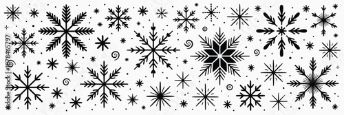 Black and White Hand- Drawn Snowflakes and Dots Scattered on White Background winter cold