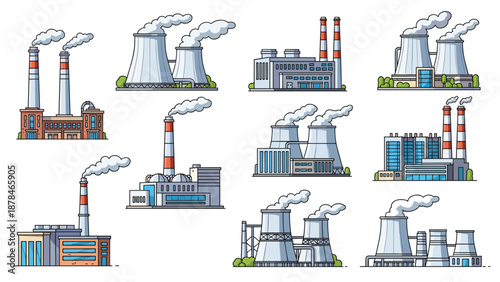 A collection of line art illustrations of various industrial factories and power plants, including nuclear and thermal energy facilities.