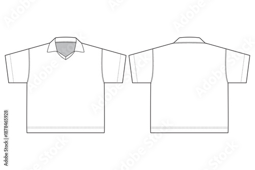 tshirt. flat sketch template, v neck, polo collar, front and back view, white t-shirt template with cad technical drawing vector mockup for man and woman. 