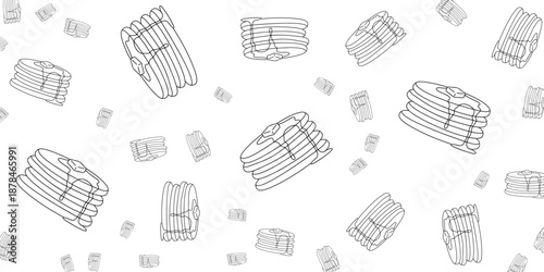 Whimsical Hand-Drawn Pancake Pattern Featuring Stacked Delights and Little Dots on White