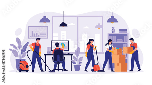 A team of professional cleaners in uniform providing commercial cleaning services in a modern office, using various cleaning equipment.