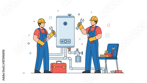 An illustration of two professional plumbers in uniform and hard hats working together to install or repair a home water heater.