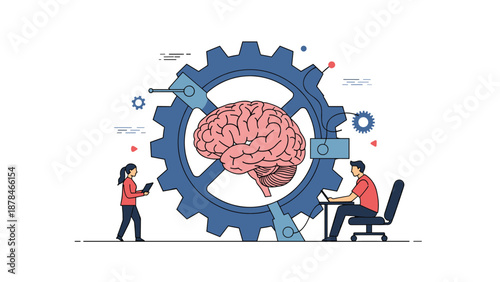 A conceptual illustration of artificial intelligence and brain function, showing people working with a giant gear containing a human brain.