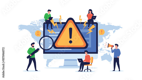 A concept illustration of a system error or security warning, with a team of IT specialists working around a computer with an alert sign.