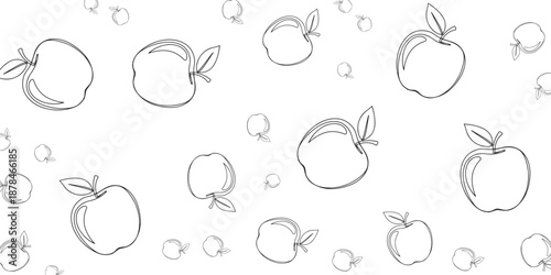 Hand-Drawn Apple Pattern with Leaves on a White Background - Minimalist Fruit Illustration
