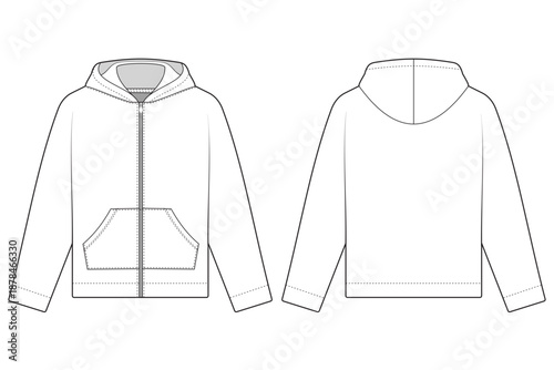 hoodie template. full zipper hoodie illustration front and back view cad drawing design. SVG format.