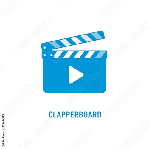 Clapperboard with play button in blue color on white background for film production