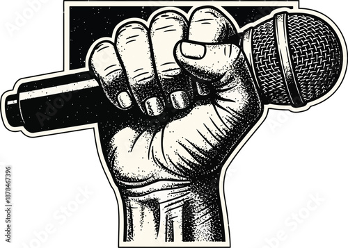 Vector  illustration of Vintage halftone stipple illustration of a hand holding a microphone, isolated on transparent background