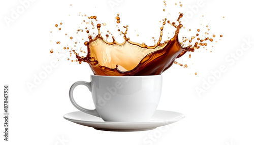 Isolated closeup of a hot black espresso coffee cup with a brown liquid splash and saucer on a white background