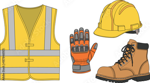 Construction safety equipment set including reflective vest hard hat protective gloves and safety boots flat vector illustration