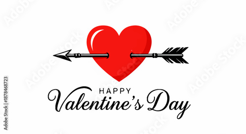 Happy Valentine's Day text with a red heart pierced by an arrow on a white background, symbolizing love and romance.