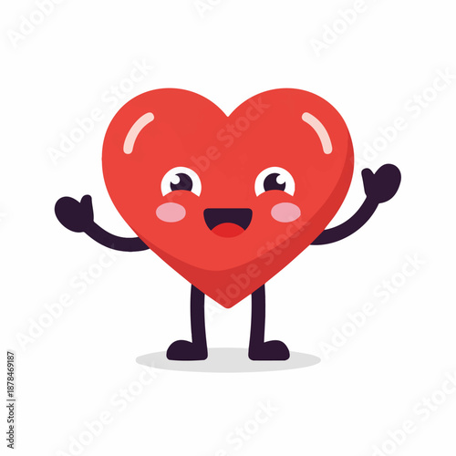 A cheerful red heart character with a happy face, waving its arms, symbolizing love, joy, and friendliness.