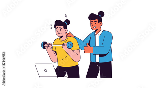 Personal trainer giving online fitness coaching via laptop, flat vector illustration.