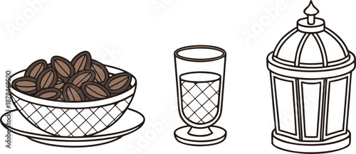 Islamic line art illustration featuring dates bowl, traditional glass, and Ramadan lantern. Minimal outline design , fasting, and holy month traditions. Ideal for Ramadan, , and Mu