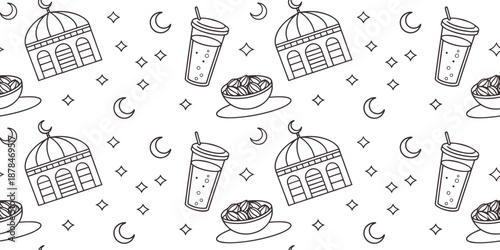 Seamless coffee shop pattern with cups, domed buildings and night symbols in hand drawn line art.  cafe doodle background for packaging, wallpaper, fabric and branding. Minimal vector repeat illus