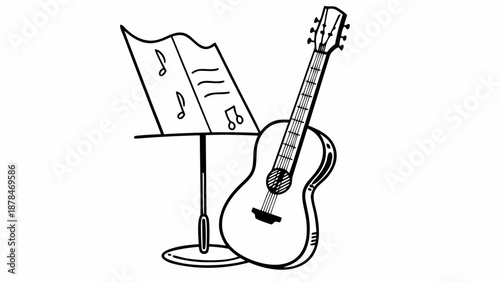 Guitar leaning on music stand with sheet music, viewed from the side in a simple illustration style