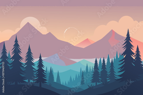 Minimal sunrise forest scene with gentle sun glow and dark green pine trees mountains