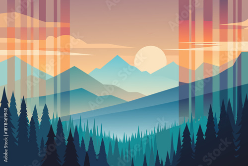 Minimalist Mountain Landscape with Sunset and Forest in Abstract Style mountains