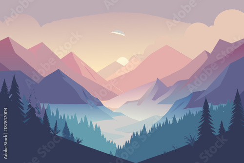 Soft atmospheric of a forest valley with purple and pink mountains and blue trees
