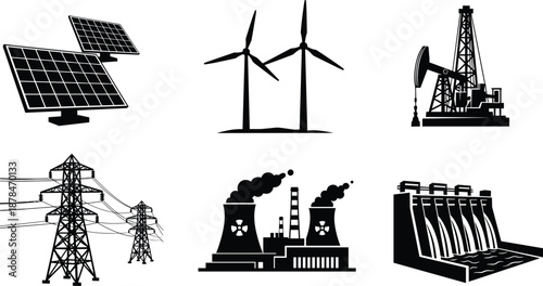 Energy production and power generation icons set showing renewable and industrial sources including solar wind oil nuclear hydro flat vector illustration