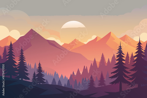 Minimalist sunrise over forest with gentle sun glow and purple mountains trees