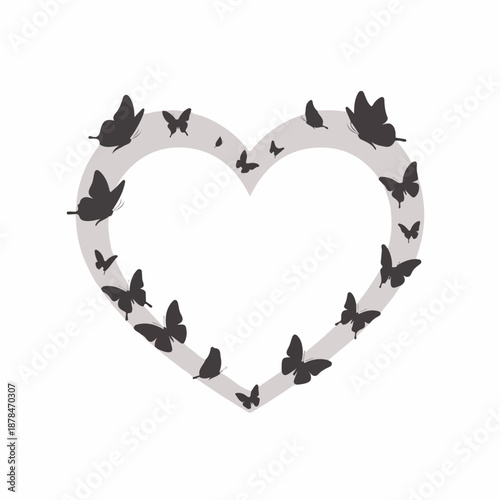 Elegant heart outline formed by a swarm of graceful butterfly silhouettes, symbolizing love, freedom, and delicate beauty on a white background.
