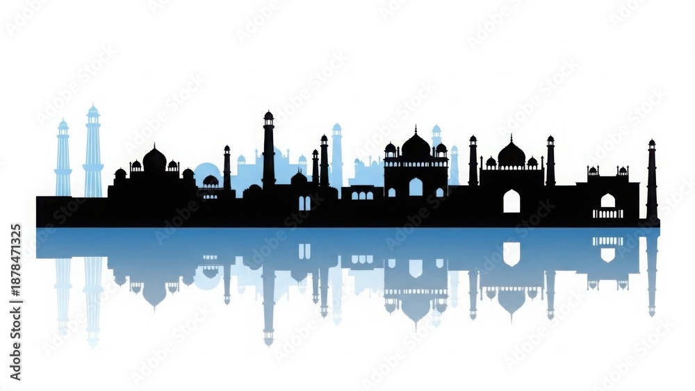 Fototapeta premium A serene silhouette of a city skyline reflected in calm water