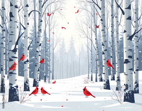 Ruby Cardinals in Winter Birch Grove