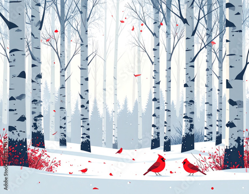 Ruby Cardinals in Winter Birch Grove