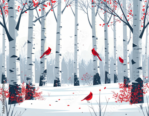Ruby Cardinals in Winter Birch Grove