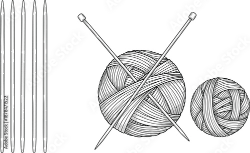 Knitting and yarn illustration with balls of wool and crossed knitting needles, handcraft hobby tools line art vector