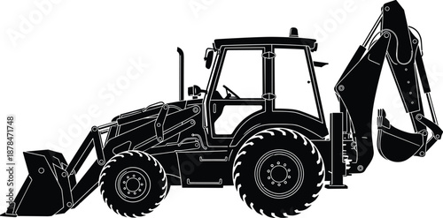 Backhoe loader construction vehicle silhouette illustration with front bucket and rear excavator arm isolated on white background industrial machinery concept