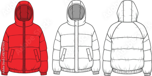 Hooded puffer jacket technical fashion CAD drawing front back views flat vector illustration winter outerwear apparel template cad drawing flat vector illustration