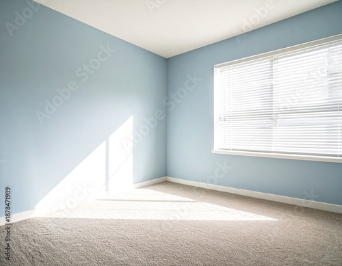 Light-filled room, blue walls, beige carpet, corner view