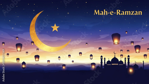 Ramadan lanterns fly under crescent moon and star at dusk with mosque silhouette