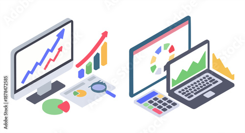 Isometric business data analytics illustration. 3D laptop and monitor with financial charts, graphs, and calculator for professional reports.