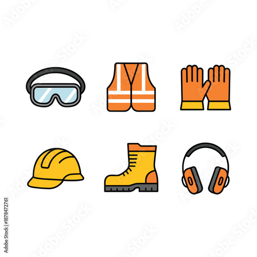 Safety equipment including goggles vest gloves hard hat boot headphones protective gear vector illustration isolated on white background.